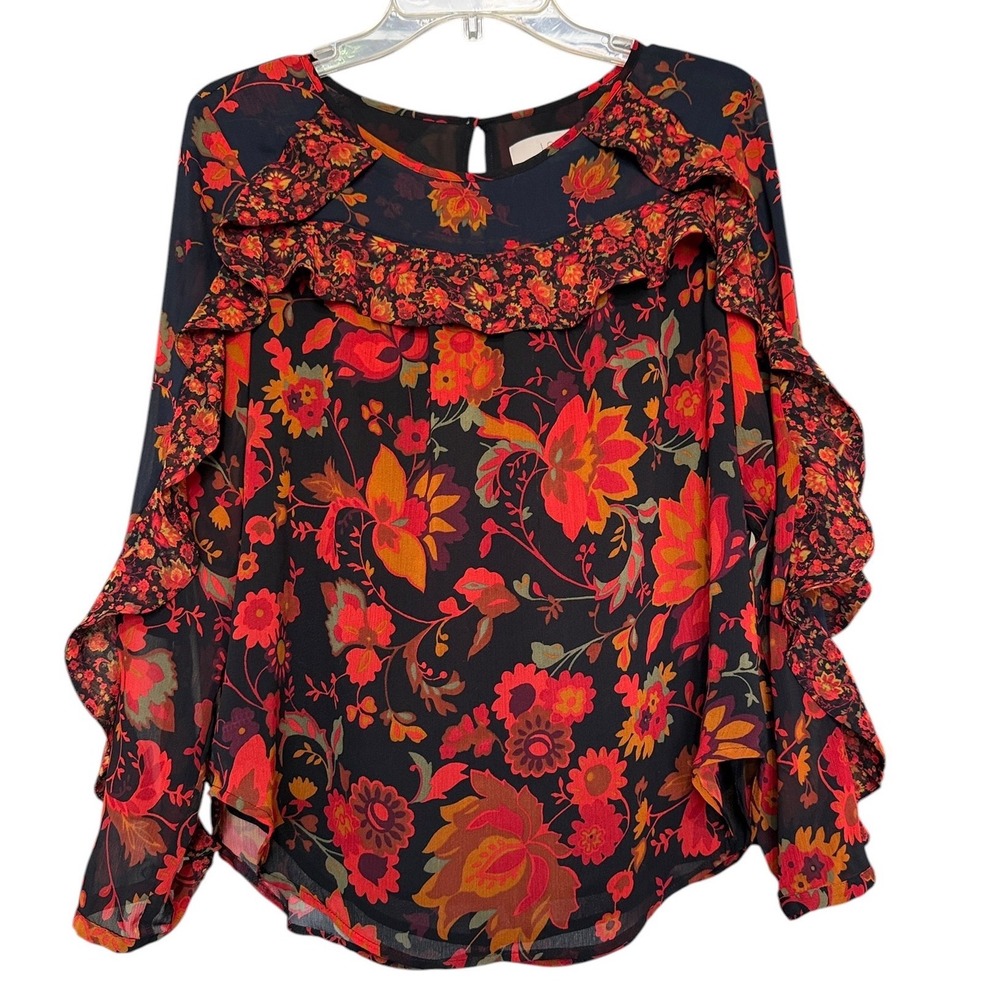 LOFT Petite Floral Ruffle Chiffon Blouse Navy Red Orange MP Keyhole Fairy Grunge